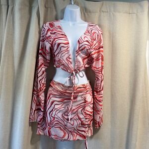 Pink Marble Print Crop Top and Mini‎ Skirt Set Tie Up Festival Rave